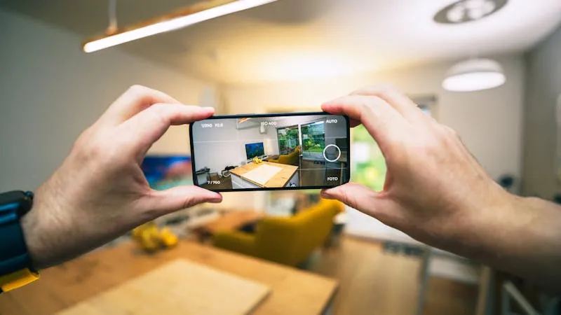 Person photographing apartment interior with smartphone wide angle lens